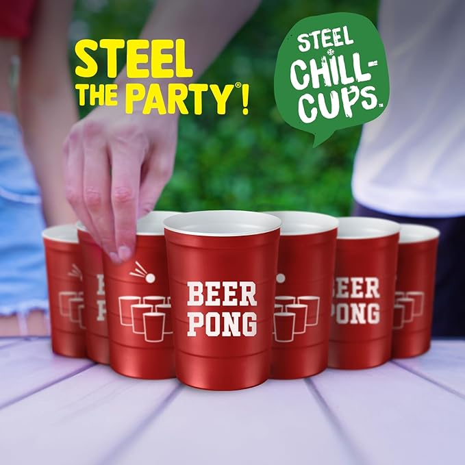 16 oz. Party Cup 'Beer Pong' Drinking Game Design for Cold Drinks, Sturdy, Durable, Disposable, Recyclable, Made in USA, Red 12 Count