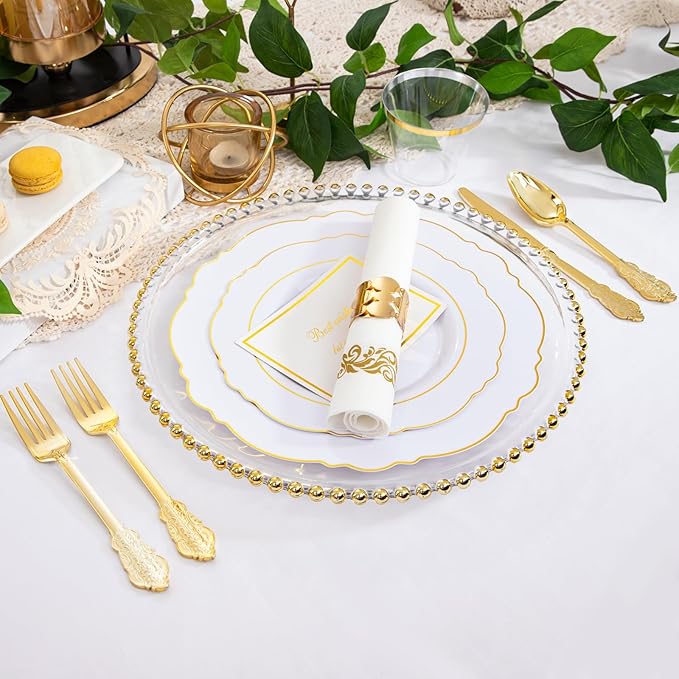 350 Pieces Gold Disposable Plates for 50 Guests, Plastic Plates for Party, Dinnerware Set of 50 Dinner Plates, 50 Salad Plate, 50 Spoons, 50 Forks, 50 Knives, 50 Cups for Thanksgiving