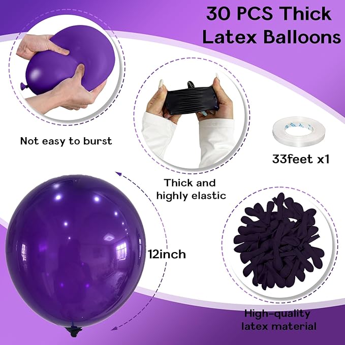 Purple Balloons, 12 Inch 30 Pcs Deep Dark Purple Balloon Matte Royal Lila Latex Balloons for Arch Party Helium Balloon for Birthday Halloween Graduation Party Decorations