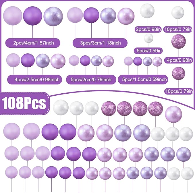 108 Pcs Balls Cake Topper DIY Cupcake Insert Foam Balloons for Cake Baking Wedding Anniversary Birthday Decoration(Assorted Purple,Multi Sizes)