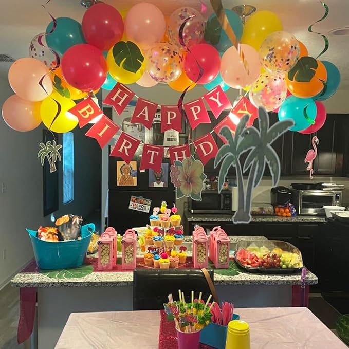 Tropical Balloons Kit, 60 PCS 12Inch Hawaiian Balloons Hot Pink Orange Teal Green and Gold Colorful Balloon for Summer Birthday Baby Shower Tropical Aloha Luau Pool Party Decorations