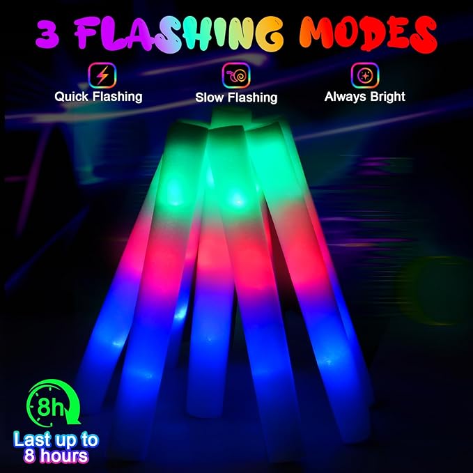46 PCS Foam Glow Sticks with 3 Modes Colorful Flashing, Foam Light Up Sticks, LED Light Sticks, Glow Sticks Party Pack for Halloween, New Year, Wedding, Raves, Concert, Christmas