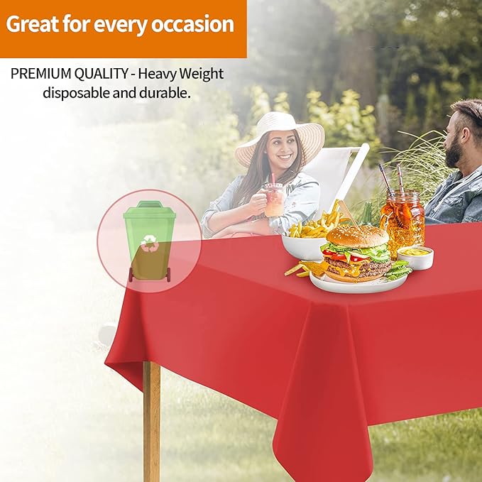Party Dimensions Red Tablecloth Disposable Plastic Table Cover for Rectangle Tables (12 Pack) Premium Plastic Table Cloths for Parties, Events & Weddings, Indoors/Outdoors, 54"x108"
