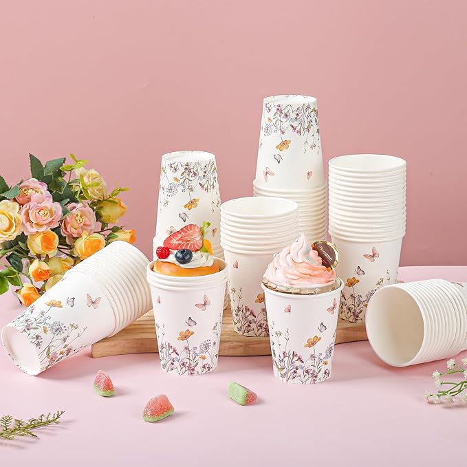 100Pcs Fall Wildflower Paper Cups Watercolor Floral Party Cups 9oz Rustic Botanical Butterflies Disposable Coffee Cups for Spring Summer Birthday Bridal Baby Shower Tea Party Supplies