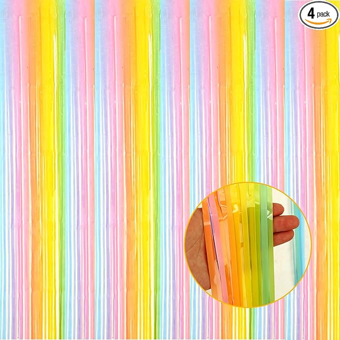 4 Pack Macaron Rainbow Foil Fringe Curtain Backdrop, 3.28Ftx8.2Ft Colorful Foil Fringe Streamers Curtains for Party, Photo Booth Props, Birthday, 2022 Graduation Decoration Supplies