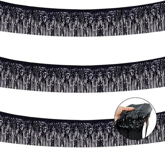 BEISHIDA 3 Packs Metallic Foil Fringe Garland Black Wall Hanging Tinsel Fringe Banners for Car Floats Halloween Bridal Shower Wedding Birthday Easter Graduation Holiday Party Decoration(30 Feet)