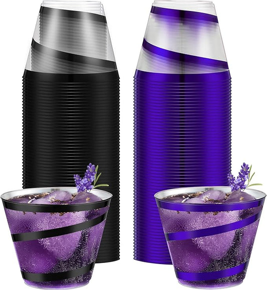 Gejoy 9 oz Rimmed Swirl Plastic Cups Disposable Wine Drinking Cups Clear Elegant Halloween Tumblers for Christmas Party Supplies(Purple, Black,100 Pcs)