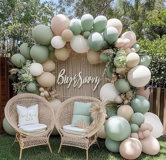 Sage Green White Balloon Garland Double Stuffed Dusty Green Cream Sand White Beige Latex Neutral Balloons Arch Kit for Boho Baby Bridal Shower Birthday Wedding Baptism Decoration