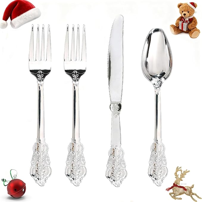 WDF 200 Pieces Silver Plastic Silverware Disposable - 50Guests Silverware Plastic Cutlery - Disposable Utensils Includes 100 Forks, 50 Spoons, 50 Knives Perfect for Christmas Wedding or Party