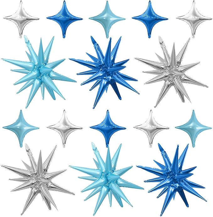 Blue Silver Star Balloons Kit with 6pcs 22in Cone Foil Balloons and 10pcs 10in Four Pointed Star Balloons for Birthday Anniversary Disco Party Decorations