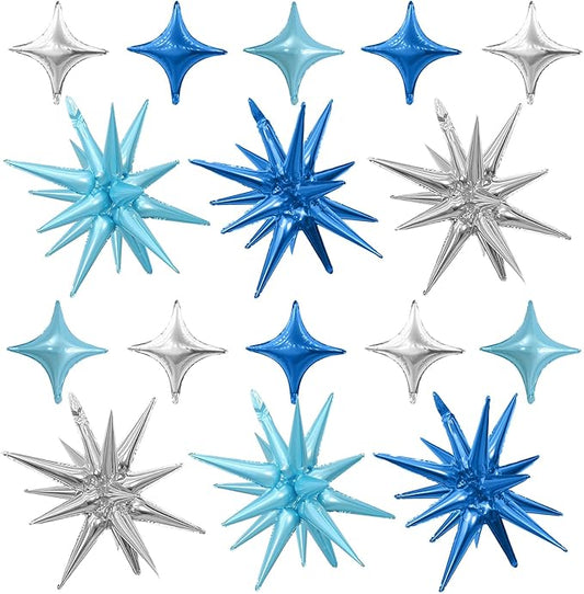 Blue Silver Star Balloons Kit with 6pcs 22in Cone Foil Balloons and 10pcs 10in Four Pointed Star Balloons for Birthday Anniversary Disco Party Decorations