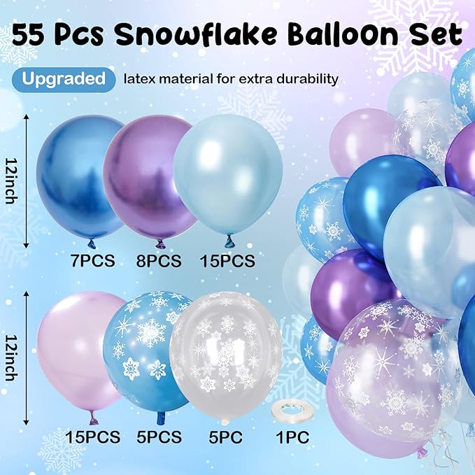 Blue Purple Snowflake Balloons, Pearl Light Blue Purple Metallic Clear Latex Balloons for Girls Princess Snow Winter Wonderland Christmas Baby Its Cold Outside Baby Shower Birthday Party Decorations