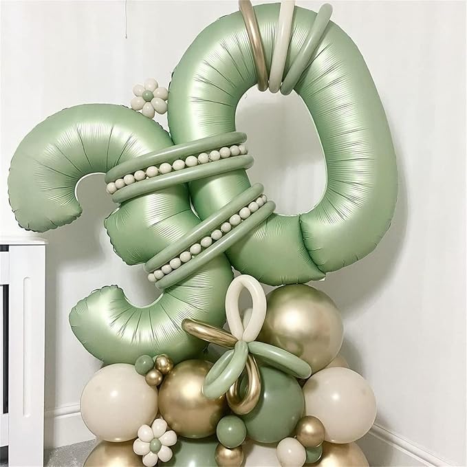 40 Inch Sage Green Foil Balloon Number 4, Large Self Inflating Olive Green Number Balloons 0-9 Helium Balloons Set for Girls Boys 4th Birthday Women Anniversary Jungle Safari Party Decoration Supplies