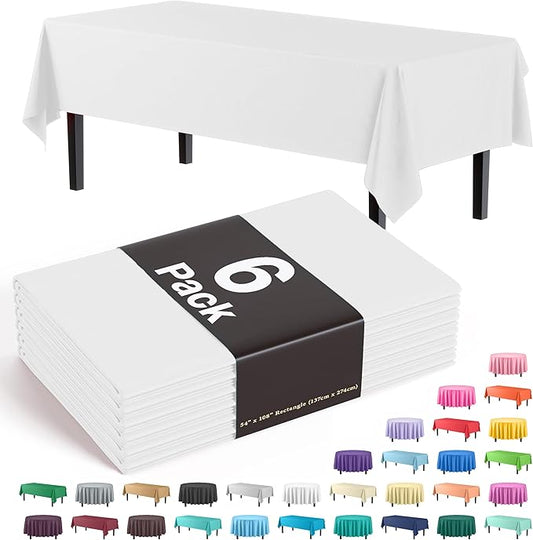 Party Solids 6-Pack Premium Plastic Tablecloth 54in. x 108in. Rectangle Plastic Table Cover - White