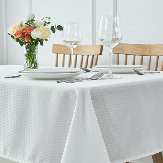 maxmill Rectangle Tablecloth Weaved Pattern Waterproof Spillproof Wrinkle Free Table Cloth, Kitchen Dining Tabletop Decoration, Fabric Table Cover for Holiday Parties, 52 x 108 Inch, White