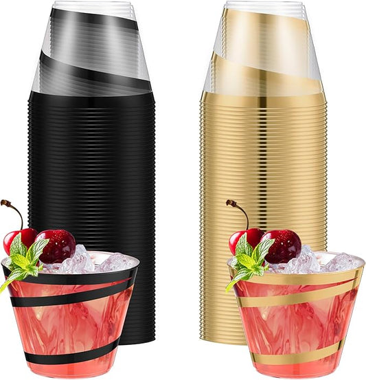 Gejoy 9 oz Rimmed Swirl Plastic Cups Disposable Wine Drinking Cups Clear Elegant Halloween Tumblers for Christmas Party Supplies(Black, Gold,50 Pcs)