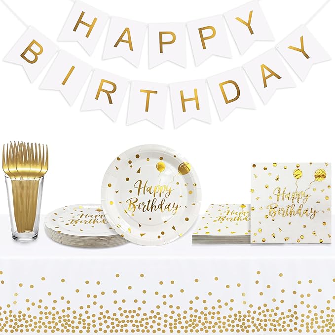 Serves 35 Guests Happy Birthday Paper Plates Party Supplies,7 Inch White and Gold Happy Birthday Disposable Paper Plates Napkins Forks Tablecloths Banner for Party Decorations