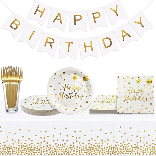 Serves 35 Guests Happy Birthday Paper Plates Party Supplies,7 Inch White and Gold Happy Birthday Disposable Paper Plates Napkins Forks Tablecloths Banner for Party Decorations
