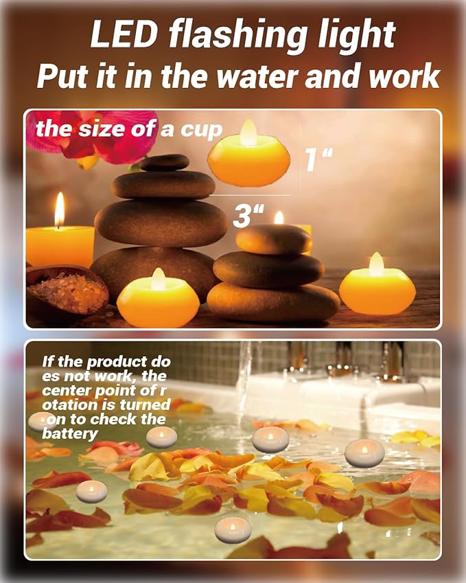 24 Pack 3” Flameless LED Floating Candles, Water-Activated Battery Operated Floating Candle with180+ Hours Runtime for Cylindrical Vase, Pool, Fountain - Ideal for Wedding, Party Decoration