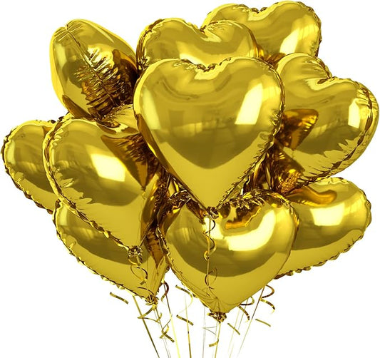 Gold Heart Foil Heart Shaped Balloons, 10PCS Gold Foil Heart Balloons Valentines Balloons, 18inch Gold Love Foil Balloons for Helium Valentine Decorations for Gold Wedding, Brithday Party, Anniversary