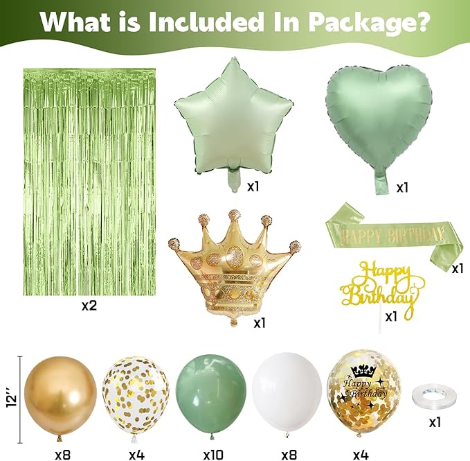 Sage Green Birthday Decorations with Olive Green Fringe Curtain Sash Foil Balloon Eucalyptus White Gold Latex Balloons Happy Birthday Banner for Girls Women Party Decoration