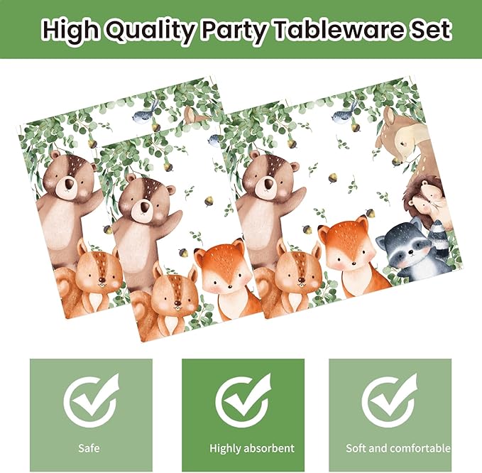 40Pcs Woodland Baby Shower Plates and Napkins Party Supplies, 9 Inch Nature Sage Paper Plates and Napkins Disposable Tableware Set for Boys Girls Safari Jungle Animal Party Decorations