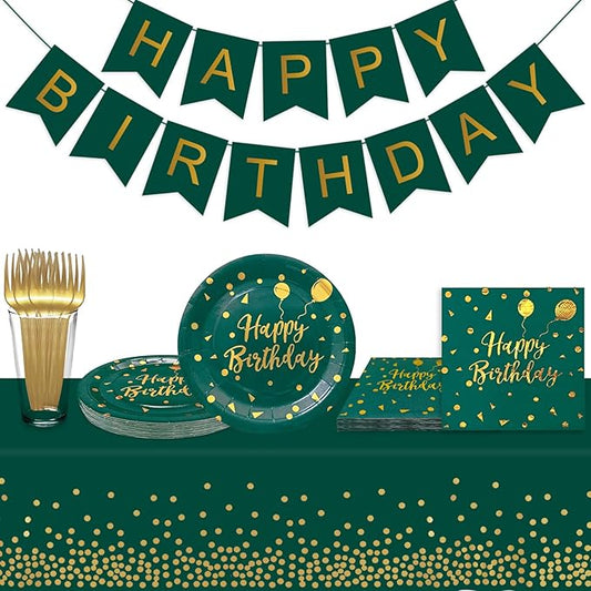 Serves 35 Guests Happy Birthday Paper Plates Party Supplies,7 Inch Dark Green and Gold Happy Birthday Disposable Paper Plates Napkins Forks Tablecloths Banner for Party Decorations