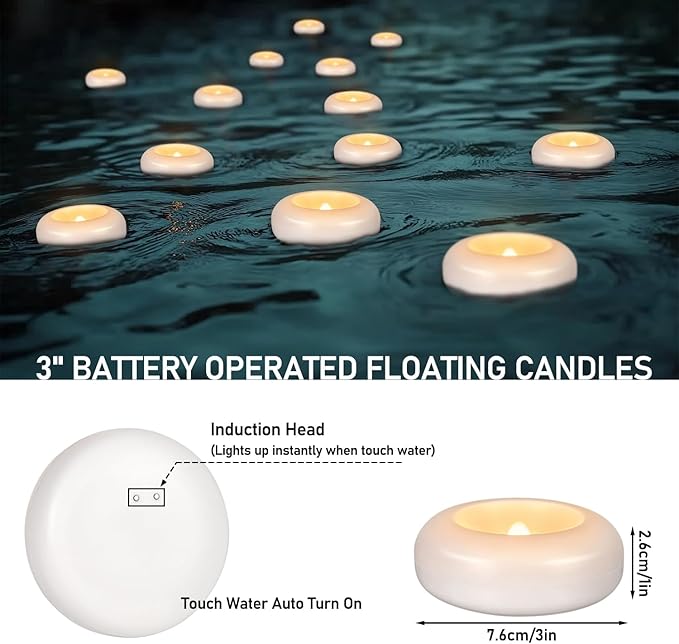 24Pack Waterproof Flameless Floating Tealights, 120+Hour Warm White Battery Flickering LED Tea Lights Candles - Wedding, Party, Centerpiece, Pool & SPA.