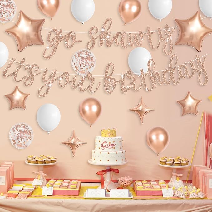 Rose Gold Go Shawty It's Your Birthday Banner Balloons Set, Glitter Happy Birthday Banner with Rose Gold Confetti Balloon Star Foil Balloon for Girls Women Hip Hop Rap Theme Birthday Party Decorations