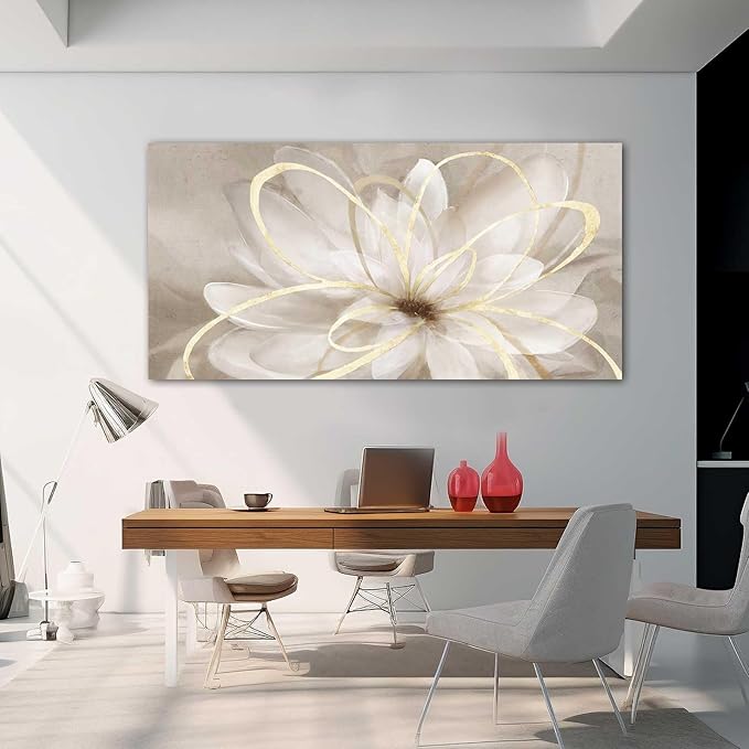 Kureful Flower Pictures Wall Decor Oil Painting 24x48 Inches Abstract Artwork for Bedroom Living Room Home Office Wall Decorations, Gold