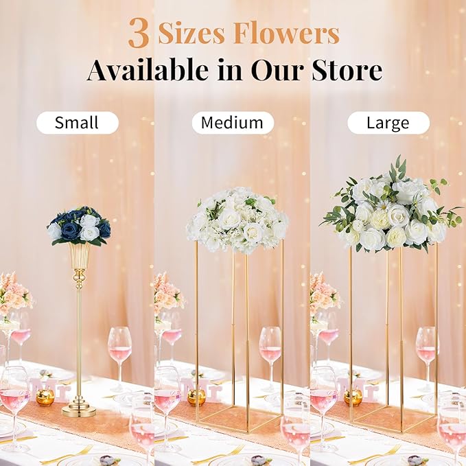 NUPTIO Artificial Flower Centrepieces for Tables - 6 Pcs Navy Blue & White Fake Flowers Roses Balls 9.5in Diameter - Silk Faux Rose Arrangement for Wedding Party Centerpiece Table Decorations