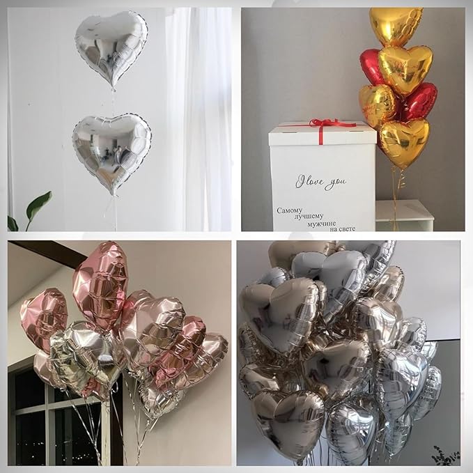 Gold Silver Heart Balloons, Heart Shaped Ballons, 20 Pcs 5/10/18 inch Gold Silver Foil Love Balloons for Valentine's Day Decorations Wedding Engagement Bridal Showers Anniversary Celebrations