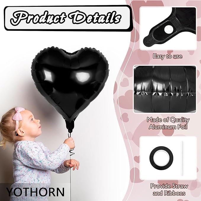 12 Pcs Black Heart Balloons,18 Inch Heart Foil Mylar Balloons,Black Birthday Decoration,Love Balloons Valentine Balloon for Birthday Party Wedding Baby Shower Valentine Day Decorations (black)