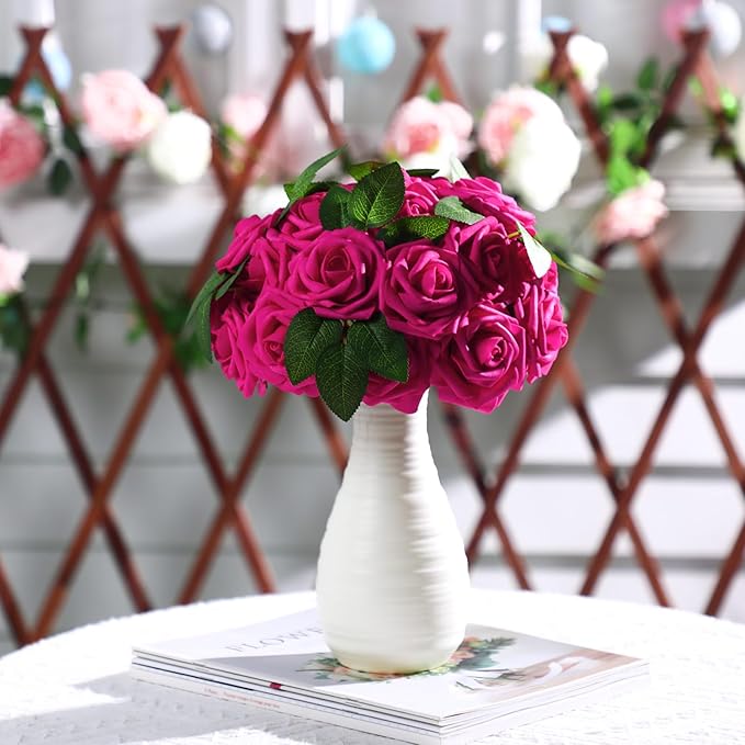 100 Pieces Artificial Foam Rose Flowers Faux Bouquet with Leaves and Stems for DIY Wedding Bouquets Centerpieces Bridal Shower Party Valentine Home Decorations(Hot Pink)