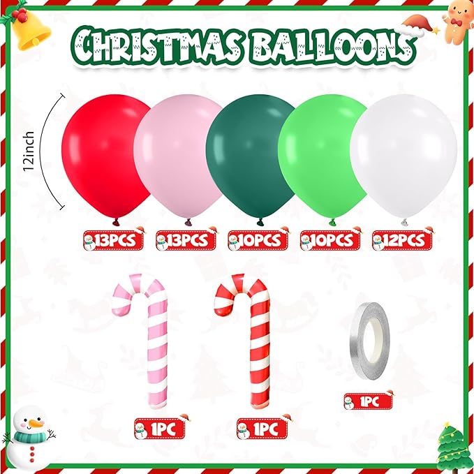 Christmas Balloons, 60pcs Pink Red Green Balloons with Candy Cane Foil Balloon, Retro Green and Pink White Xmas Party Balloon for Christmas Decorations Birthday New Year Carnival Party Supplies