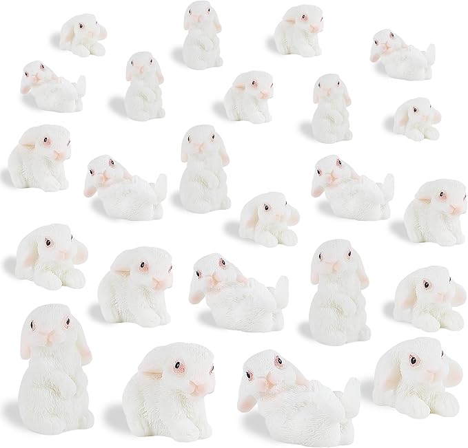 DR.DUDU 24 PCS Mini Bunnies Easter Decor - Mini Resin Animals Rabbits, Miniature Figurines Tiny Animals to Hide, for Easter Egg Filler Stuffers DIY Crafts Fairy Gardens Table Decor (White)