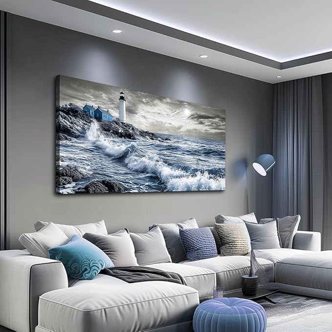 ZUITINGHUA Large Wall Decor For Living Room Canvas Wall Art For Office Modern Wall Decorations For Bedroom Wave Landscape Painting Watch Tower Pictures Artwork Room Home Decor 24x48 In