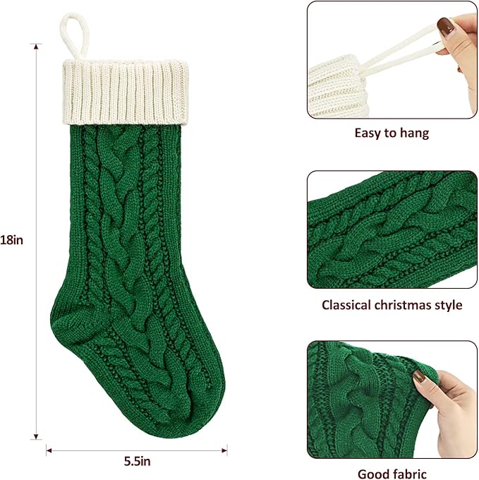2 Pack 18" Personalized Christmas Stockings, 18inch Large Cable Knitted Xmas Hanging Stocking Decorations for Holiday Christmas Party Family Decor (Lvory/Green)