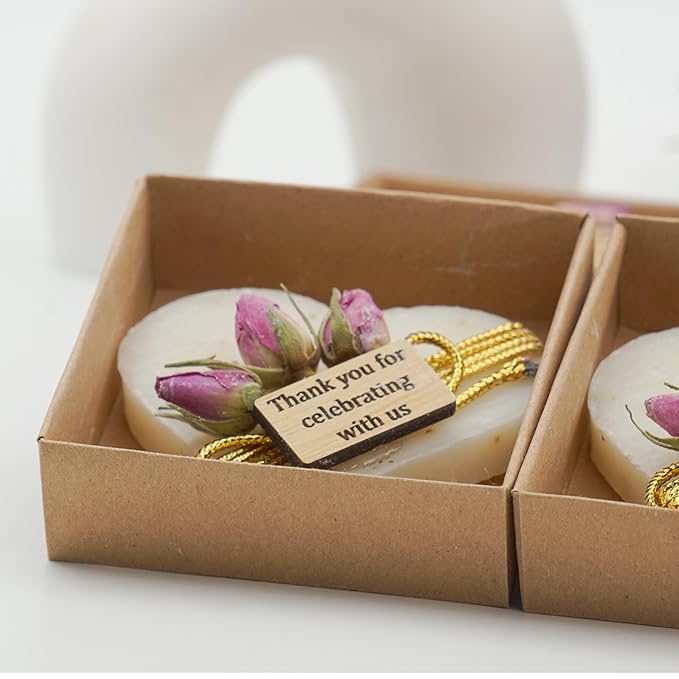 Heart Shaped Soaps 12-Pack, Handmade Scented Mini Soaps for Bridal Shower Party Favors, Wedding, Baby Shower & Engagement Gifts for Guests, Thanks You for Celebrating with Us Wooden Tag