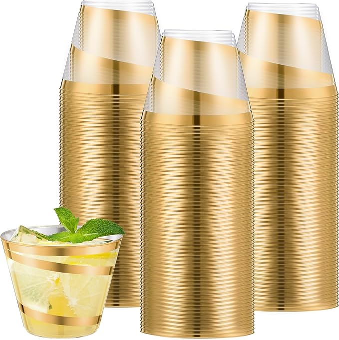 Gejoy 9 oz Rimmed Swirl Plastic Cups Disposable Wine Drinking Cups Clear Elegant Halloween Tumblers for Christmas Party Supplies(Gold,24 Pcs)