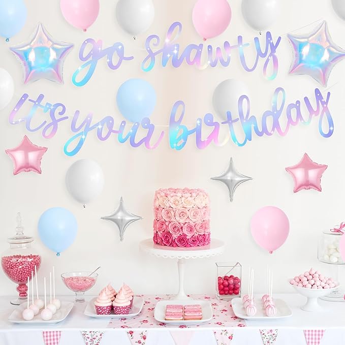 Iridescent Go Shawty It's Your Birthday Banner Balloons Set, Glitter Happy Birthday Banner with Pink Blue White Balloon Star Foil Balloon for Girls Women Hip Hop Rap Theme Birthday Party Decorations