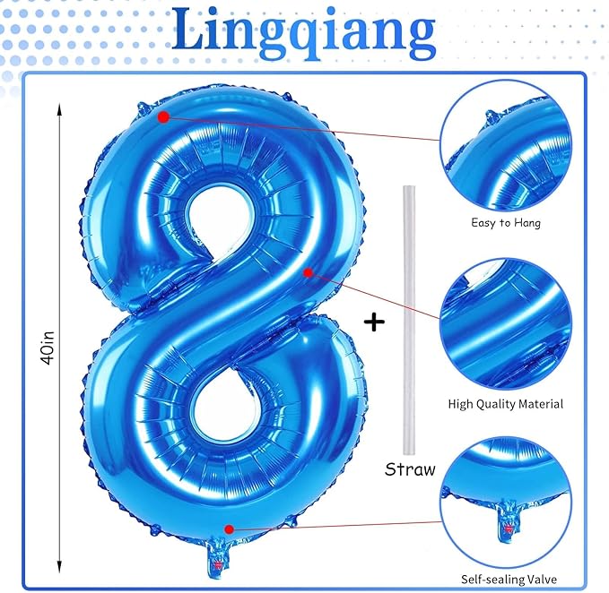 Blue Foil Balloon Number 8, 40'' Giant Self Inflating Number Balloons Set 0-9, Large Number 8 Digital 8 Helium Balloon for Boys Men 8th 18th Birthday Graduation Anniversary Party Decorations Supplies