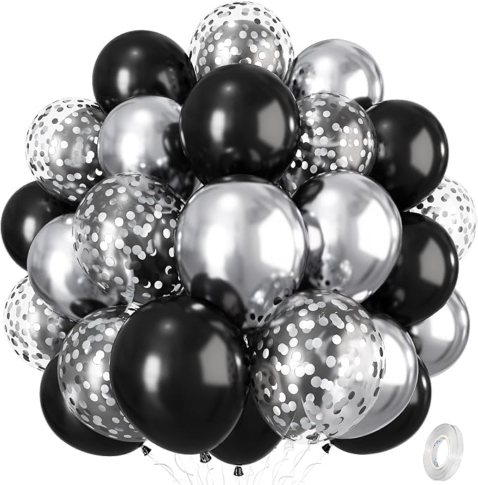 Black and Silver Balloons, 12 Inch Metallic Chrome Black Silver Confetti Latex Helium Balloons for Men Boys Birthday Baby Shower Wedding Engagement Halloween New Year Bachelorette Party Decorations