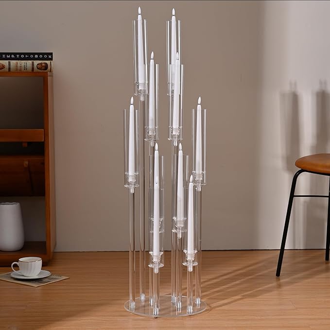 10 Arm Acrylic Candelabra Centerpieces for Wedding Tables, Floor Clear Tall Candlesticks Holder with Removable Lampshade for Birthday Party Home Decoration, Fit 0.82" LED Candles(37.7Inches)