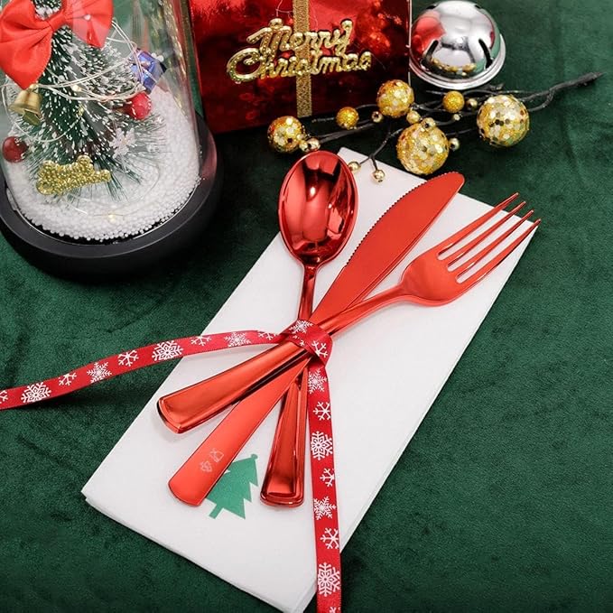 WDF 175pcs Christmas Plates Dinnerware - 25 Guests Unquie Desgin Red Plastic Plates with Green Christmas Tree Pattern, Red Plastic Cutlery, Clear Cups and Napkins