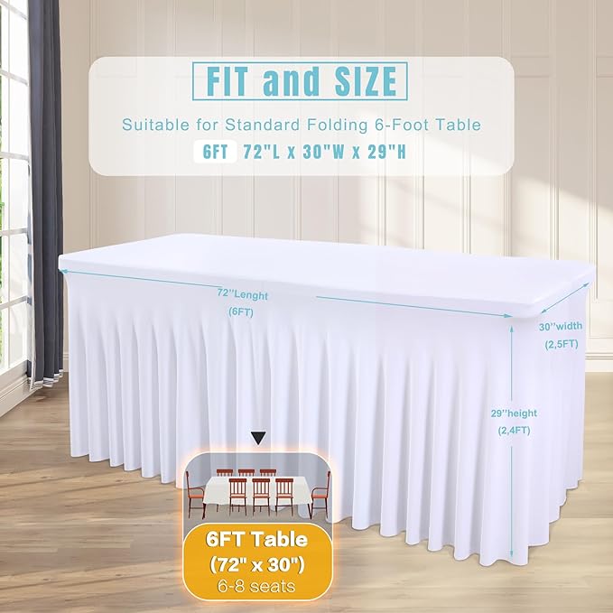 1 Pack White Table Clothes for 6 Foot Rectangle Tables, One-Piece Wrinkle Resistant Stretch Spandex Table Covers with Skirt for Event Banquet Wedding Birthday Party