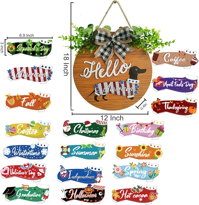 18 Pcs Interchangeable Seasonal Welcome Signs Front Door Decoration, Rustic Dachshund Seasonal Home Sign, Great Dog Gifts, Suitable for All Holidays Including Valentine's Day, Easter (Brown)