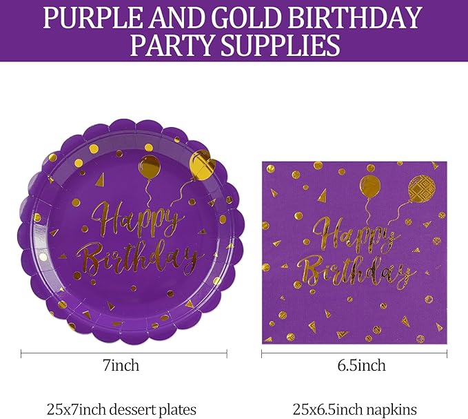 50PCS Purple and Gold Happy Birthday Paper Plates and Napkins Party Decorations- 7 Inch Scalloped Dessert Plates and 6.5 Inch Napkins Disposable Tableware Set Birthday Party Supplies , Serves 25