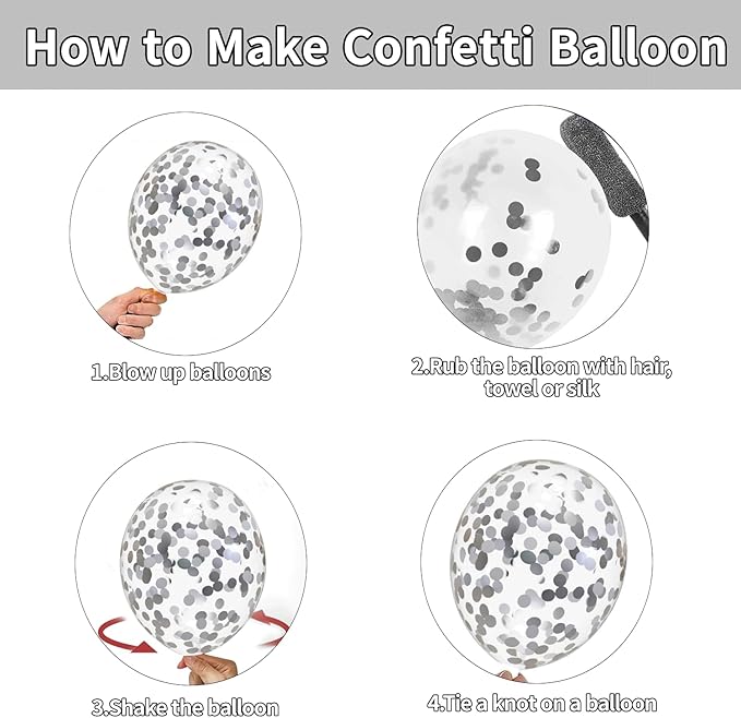 Black Silver Balloons Set,50pcs 12inch Metallic Silver Black White Pearl Silver Balloon with Confetti Latex Balloons for Birthday Wedding Graduation Anniversary Party Decorations