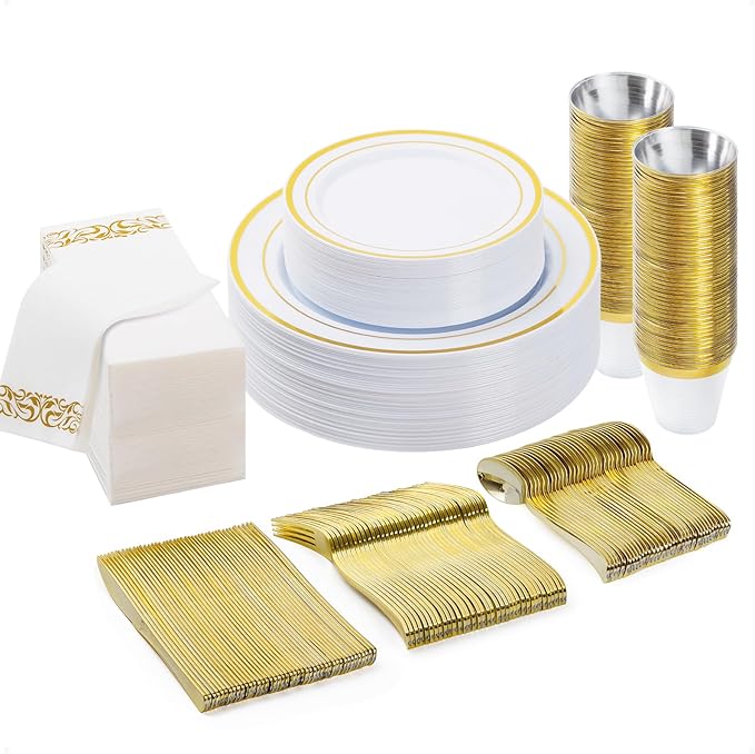 BESTVIP 175 PCS Gold Dinnerware Set for 25 Guests, Plastic Dinnerware Set for Party, Wedding, Christmas, Halloween, Include: 50 Plastic Plates, 25 Gold Silverware, 25 Cups, 25 Paper Napkins
